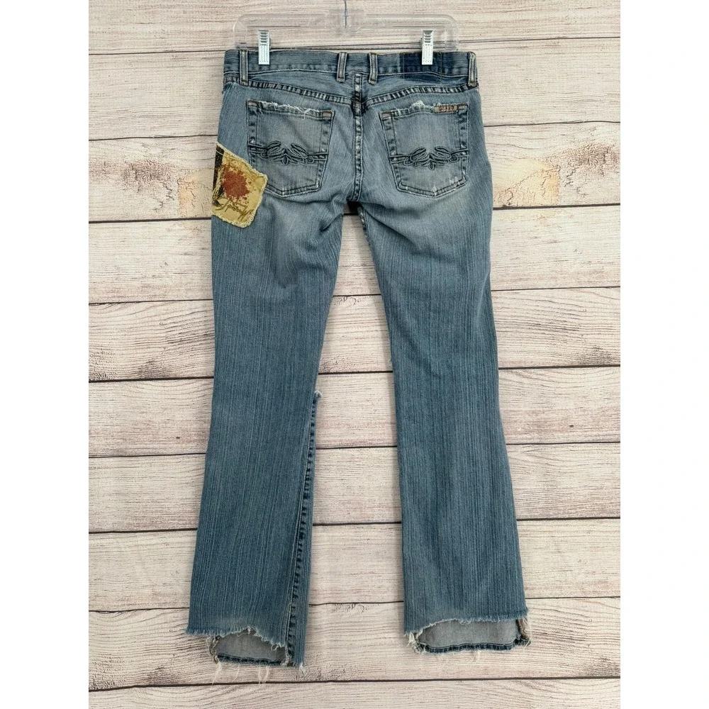 Lucky Brand Mod Madeline Jean Women 8 Blue Distressed JNCO Hatchetman Patch Y2K